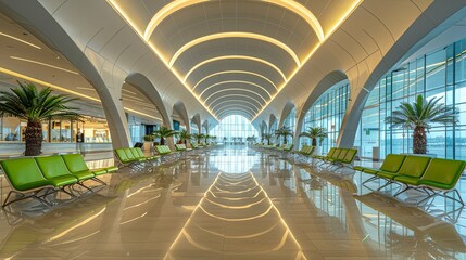 Obraz premium Modern airport terminal interior with bright lighting and green seating.