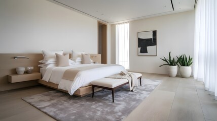 Modern minimalist bedroom design with large windows and greenery in a spacious interior setting