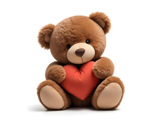 Obraz premium A brown teddy bear holding a heart-shaped pillow, sitting on a white background