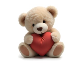 Obraz premium A brown teddy bear holding a heart-shaped pillow, sitting on a white background