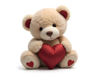 Obraz premium A brown teddy bear holding a heart-shaped pillow, sitting on a white background