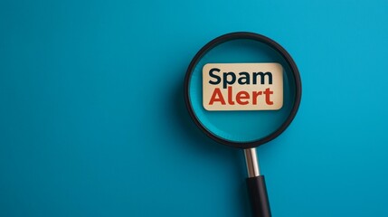 Protection from spam call scams. A magnifying glass highlights a "Spam Alert" message against a vibrant blue background, emphasizing the need to be cautious of spam.