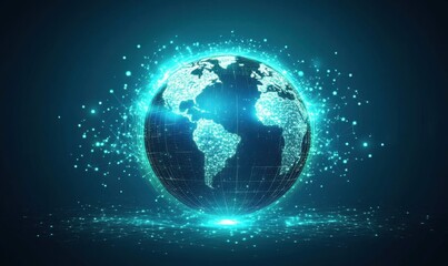 Fototapeta premium Abstract digital globe on a blue background with glowing connections, a global network concept and connectivity, futuristic technology or worldwide internet telecommunication Generative AI