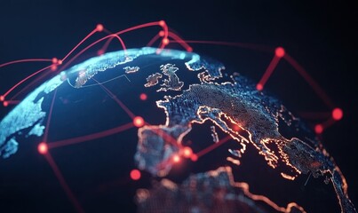 A digital globe with interconnected nodes representing the global network and connectivity, symbolizing the world's data flow in cyberspace Generative AI