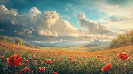 Poppy field with dramatic clouds and mountains