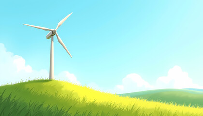 Fototapeta premium Wind turbine on green hill under clear sky in bright atmosphere, representing renewable energy, copy space