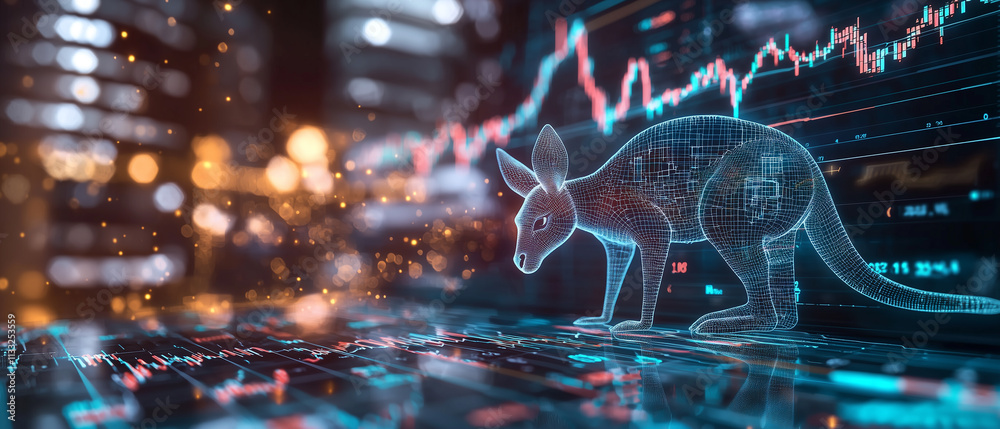 Leinwandbilder digital hologram of kangaroo with stock graphs in background