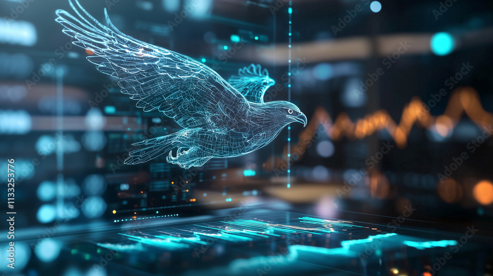 Poster digital hologram of eagle soaring over stock graphs, symbolizing market dynamics