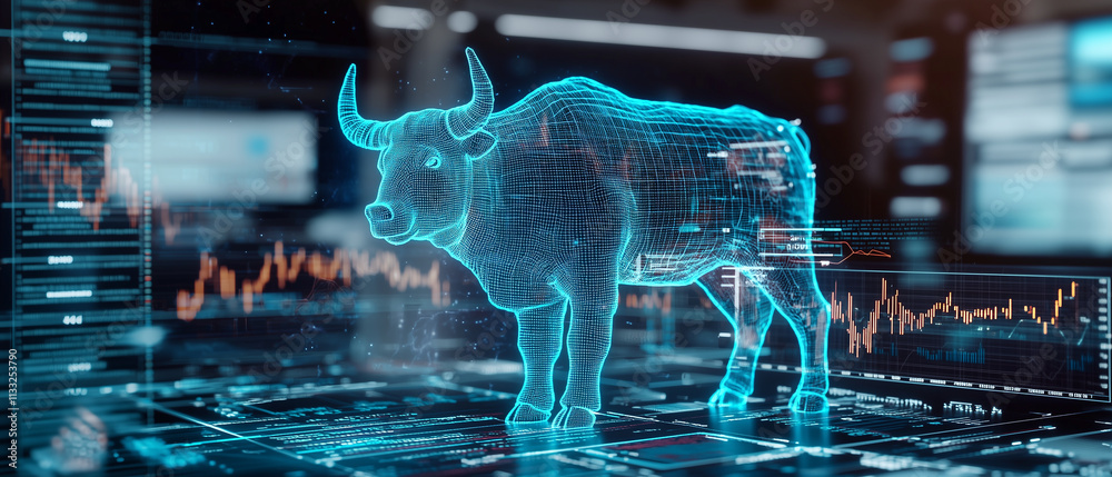Poster digital hologram of yak surrounded by stock graphs in futuristic setting