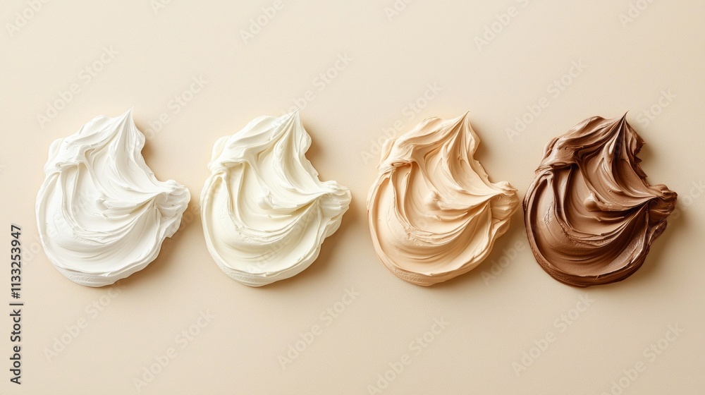 Poster four distinct shades of creamy textures are artistically spread on a smooth surface, showcasing thei