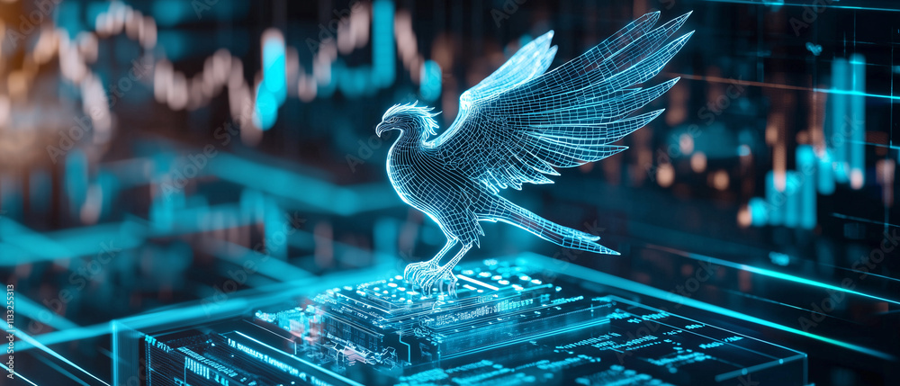 Poster digital hologram of gryphon analyzing stock market data with glowing charts