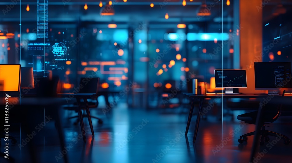 Poster Modern Office Space with Illuminated Computers and Data Displays