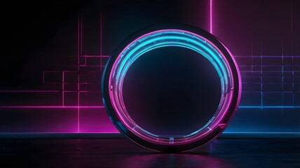 a circle with a blue and pink neon light on it