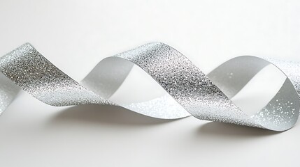 4. A neatly coiled silver ribbon with a shimmering texture on a white background