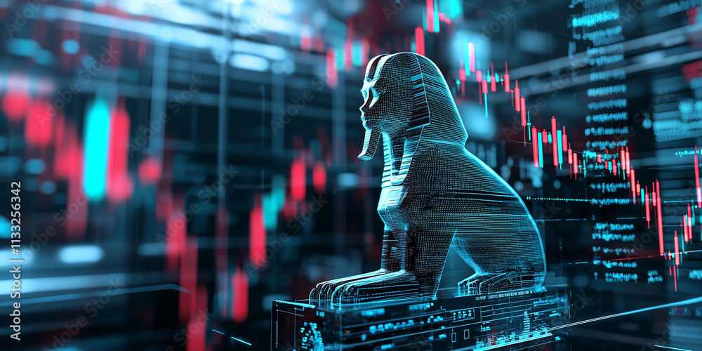 Poster digital hologram of sphinx with stock market data in background
