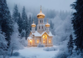 Fototapeta premium A beautiful Russian Orthodox church stands in the middle of an alpine forest