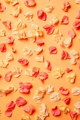 Fototapeta premium Frame of scattered blossoms and petals on a sunny orange background, perfect for adding text in the middle.