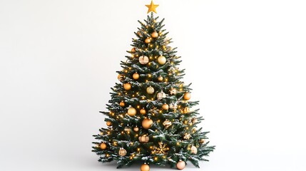 21. A tall, slender Christmas tree with warm yellow lights and elegant decorations on a white background