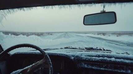 29. A frosty car windshield with snow piled on the edges and a gray background