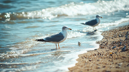 Two seagulls standing on a sandy beach by the water with gentle waves in the background under clear blue sky during a sunny day