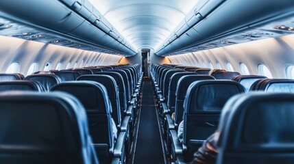 Fototapeta premium Airplane cabin with neat rows of seats, dimmed lighting, and a welcoming environment for travelers.