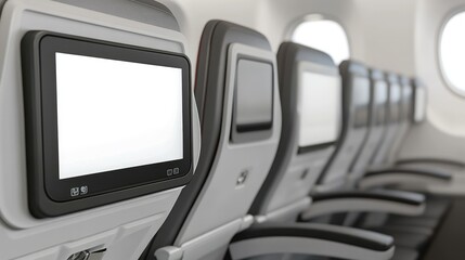 Blank LCD entertainment screen on airplane seats with cup holder detail, showing a passenger-friendly design