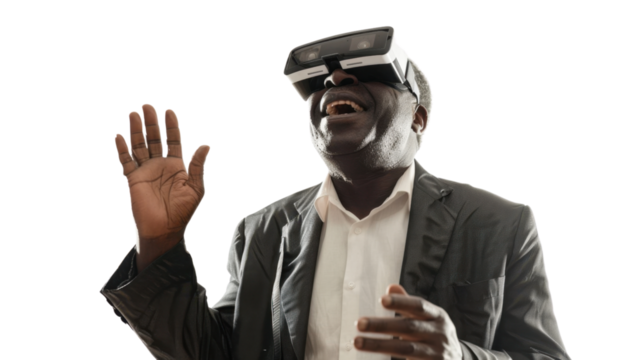 African middle age businessman watching vr glasses laughing and gesturing with hand on white background