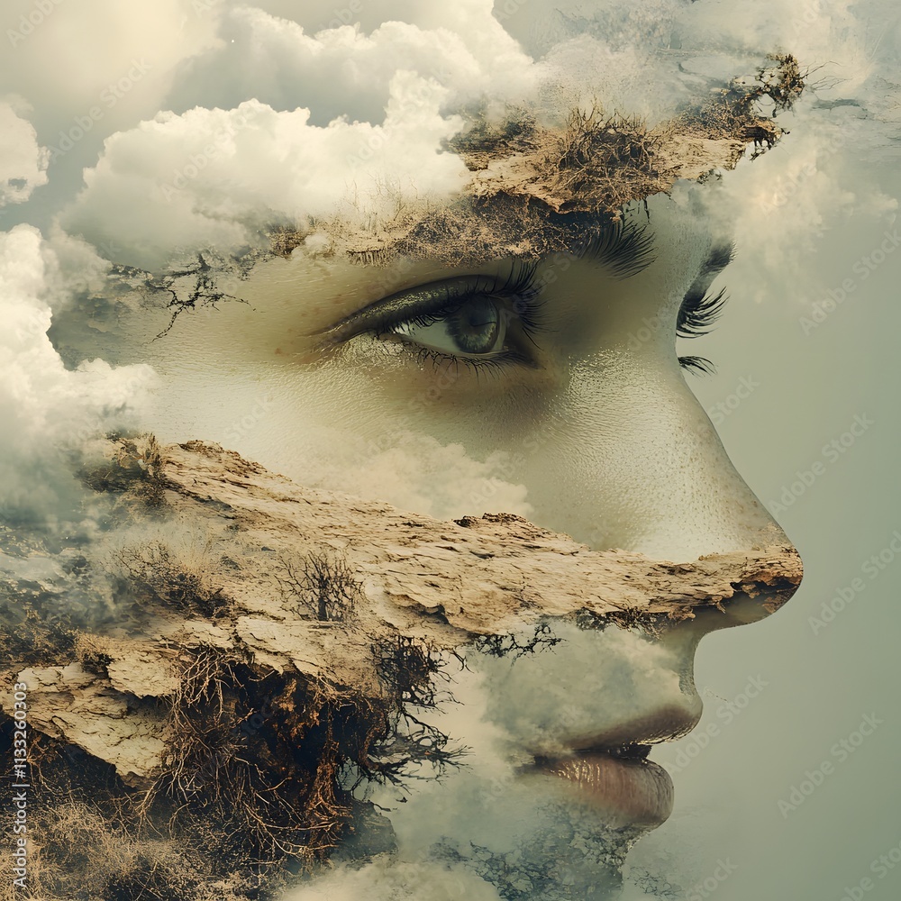 Poster artistic representation of a serene face merged with nature elements featuring clouds, earth, and or