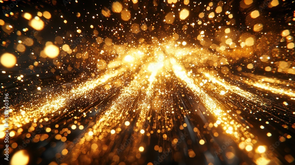 Poster a mesmerizing display of shimmering gold particles radiating light, creating an enchanting and dynam