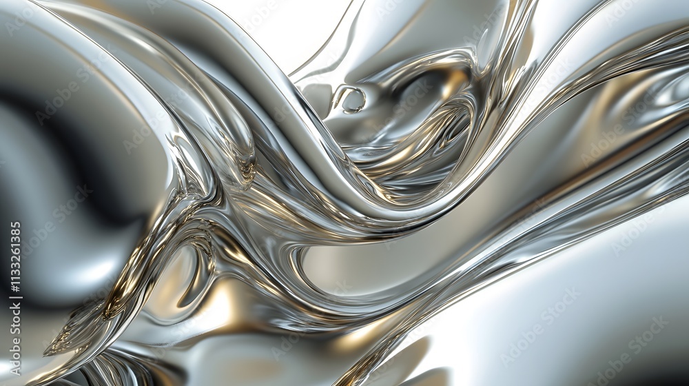 Poster Abstract Metallic Waves: A Fluid, Shiny Surface Creating Dynamic Patterns and Reflections in Bright Silver Tones and Glossy Textures for Modern Digital Backgrounds