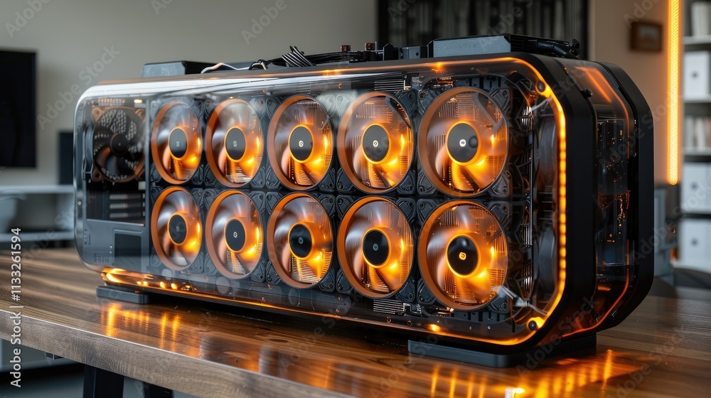 Poster a high-performance computer case with illuminated cooling fans for gaming or computing.