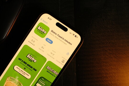Delhi, India - December 13, 2024 : Bistro blinkit App on smartphone, Zomato's Blinkit launches Bistro, 10-minute food delivery app.