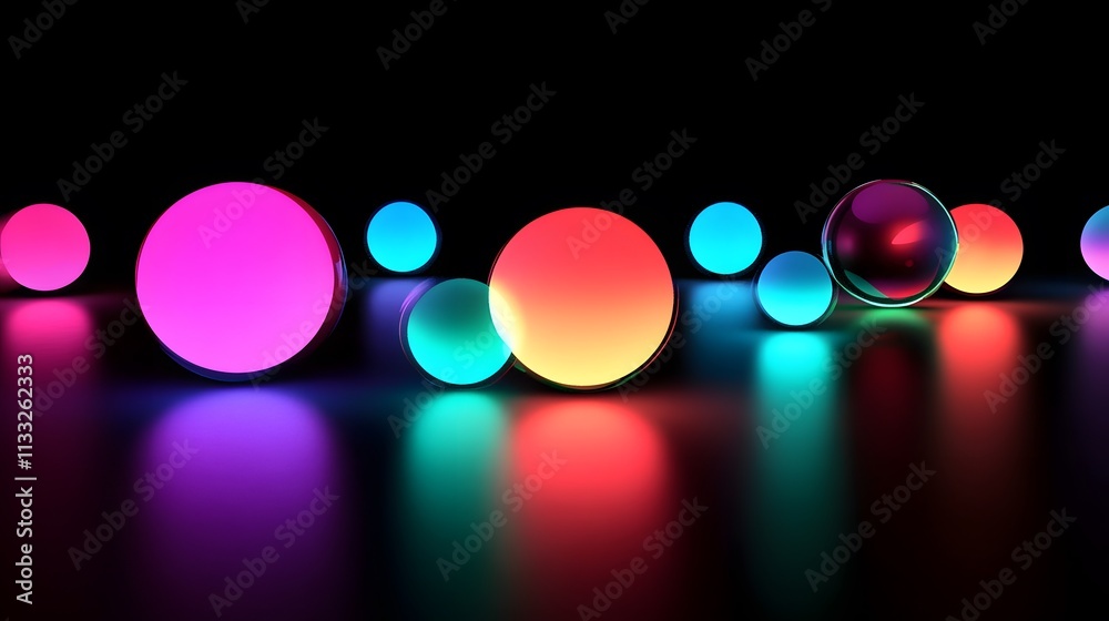 Poster colorful glowing spheres in vivid neon hues on reflective surface with dark background for modern ar