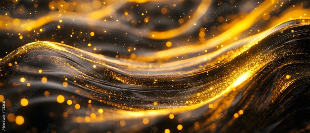 Poster Ethereal Gold Waves with Glimmering Particles in a Dark Background Creating a Dreamlike and Enchanting Visual Experience for Artistic Designs and Graphics