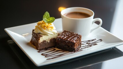 Brownie Desserts with an Artisanal Touch concept. A delectable dessert plate featuring a brownie topped with whipped cream, paired with a cup of coffee and garnished with mint leaves.