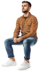 An Isolated sitting handsome young man wearing mustard shirt and blue jeans, isolated over transparent background, PNG cut-out