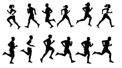 Running men and women, isolated vector silhouettes. Run, side view. Silhouettes of athletic looking male and female runners running. JPEG version.