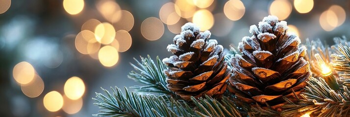 Naklejka premium Frost-covered pine cones on an evergreen branch, with bokeh lights in the background