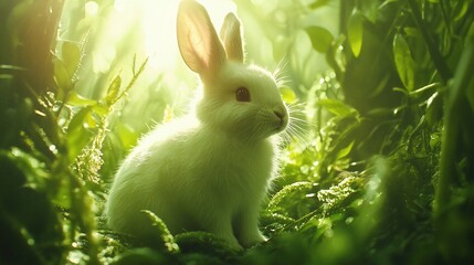 Fototapeta premium White rabbit in lush greenery with sunlight filtering through leaves.
