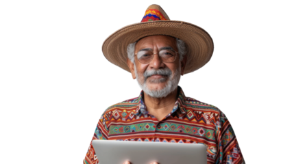 Portrait of mexican senior happy man holding laptop on white background	
