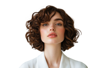 Woman in white robe, serene expression, soft lighting 