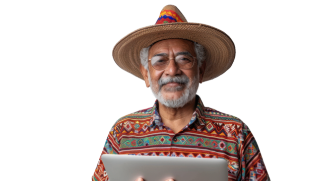 Portrait of mexican senior happy man holding laptop on white background	
