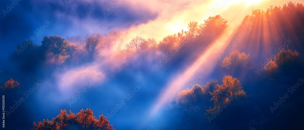 Poster stunning sunrise over misty hills with warm sunlight filtering through trees creating a dreamy and s