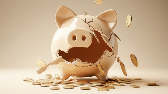 Broken piggy bank with coins scattered around, symbolizing financial struggle and the need for careful budgeting and saving.