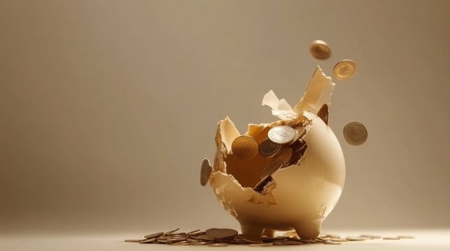 Broken piggy bank with coins scattered around, symbolizing financial struggle and the need for careful budgeting and saving.