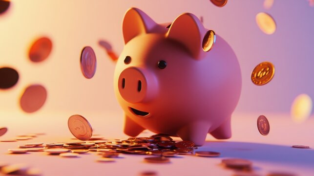 Broken piggy bank with coins scattered around, symbolizing financial struggle and the need for careful budgeting and saving.