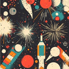 Obraz premium Dynamic celebration of cosmic elements abstract space digital art vibrant colors aerial perspective festive design inspiration