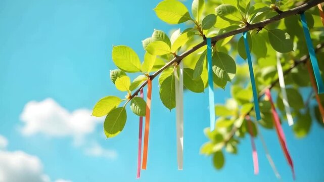May tree maypole adorned with bright green leaves and colorful ribbons flowing in the breeze