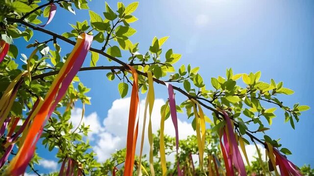 Festive May tree maypole draped with colorful ribbons and lush green foliage