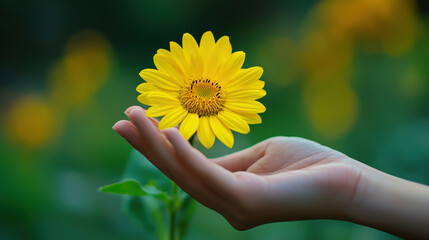 A Delicate Hand Holding a Bright Yellow Flower Against a Lush Green Background Capturing the Essence of Nature's Beauty and Vibrancy